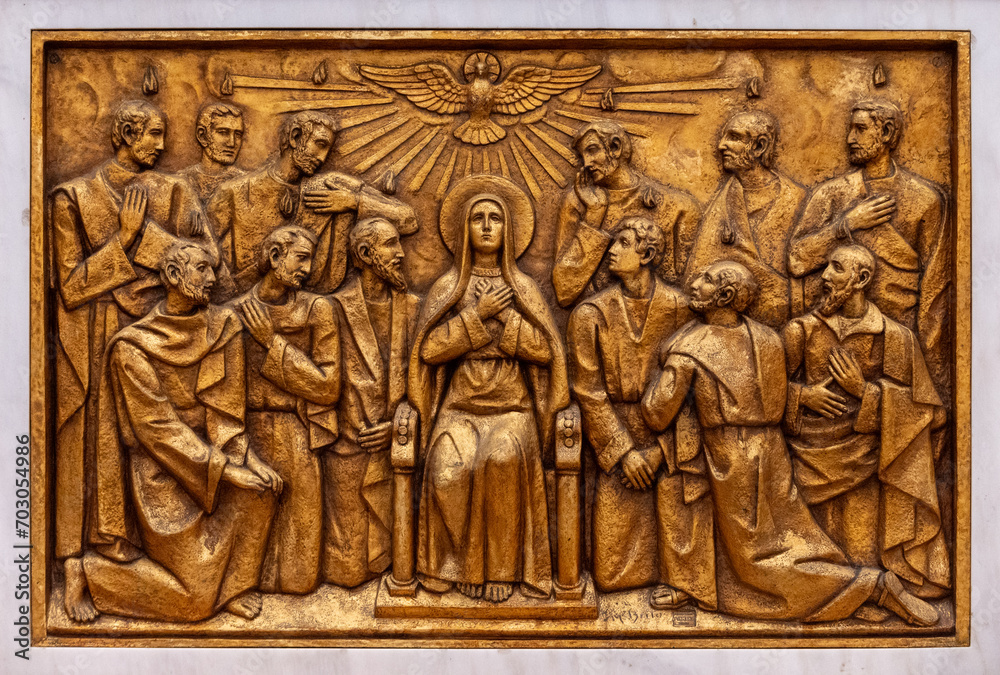 The Descent of the Holy Spirit – Third Glorious Mystery. A relief sculpture in the Basilica of Our Lady of the Rosary of Fatima in Fatima, Portugal. 10 Aug 2023.