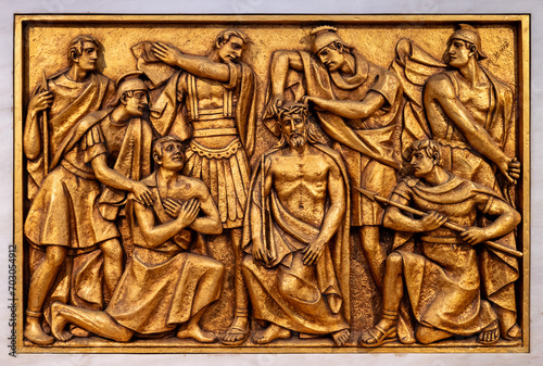 The Crowning With Thorns – Third Sorrowful Mystery. A relief sculpture in the Basilica of Our Lady of the Rosary of Fatima. 10 Aug 2023.