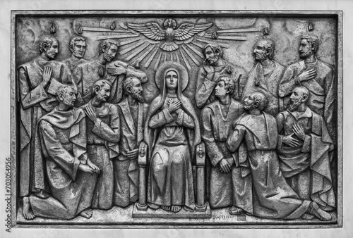 The Descent of the Holy Spirit – Third Glorious Mystery. A relief sculpture in the Basilica of Our Lady of the Rosary of Fatima in Fatima, Portugal. 10 Aug 2023.