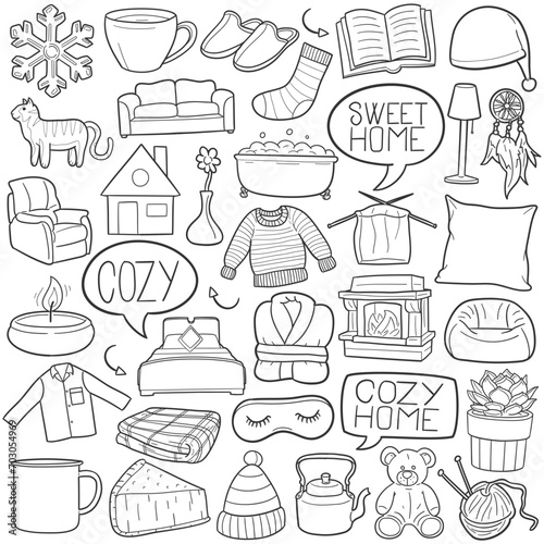 Cozy Home Doodle Icons Black and White Line Art. Home Sweet Home Clipart Hand Drawn Symbol Design.