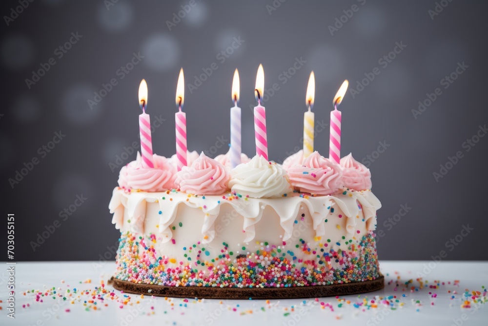 Generative AI image of four candles on a pink birthday cake with ...