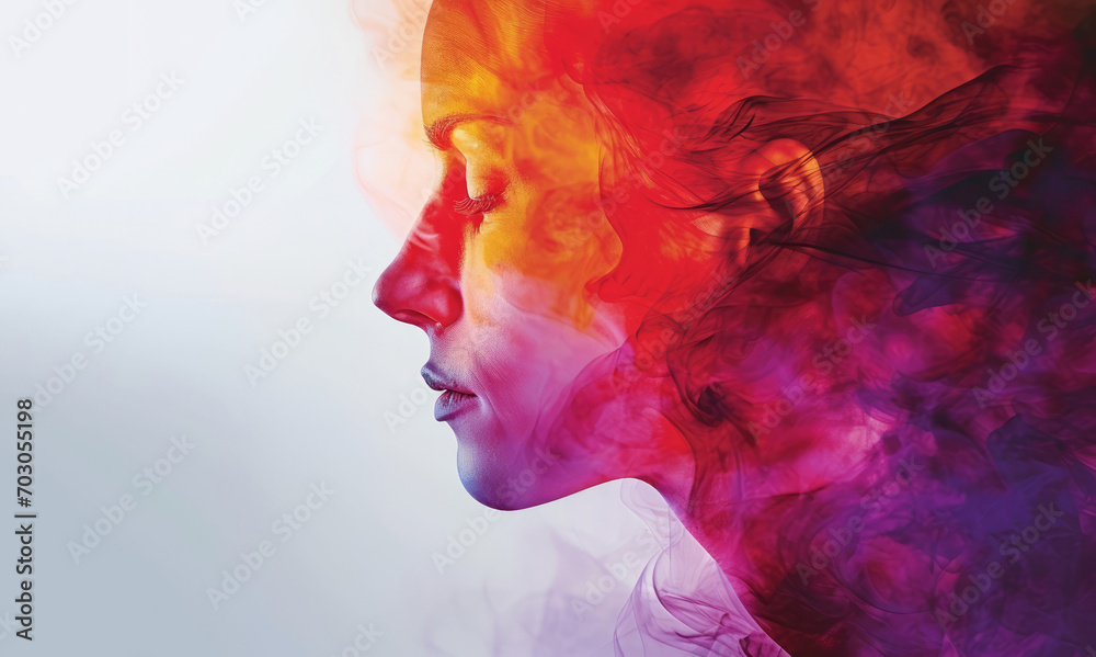 A woman's face emerges from a background of colorful smoke, creating a vibrant and fluid portrait.