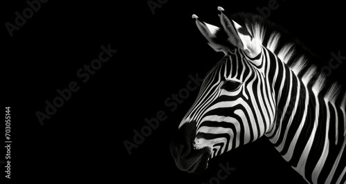 A zebra, with its unique stripes, is shown in a high-contrast black and white photo.