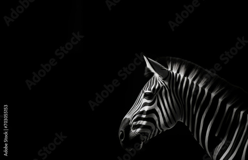 A zebra  with its distinctive stripes  is shown in a monochromatic airbrush painting on a black background.