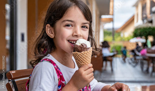 Little girl eating a delicious ice cream and smiling