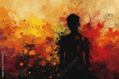 A man's silhouette stands against a vibrant backdrop, his figure ablaze in an abstract painting suitable for a book cover.