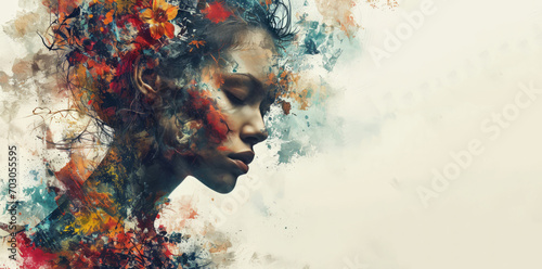 A woman, her eyes closed, is depicted in a beautiful and expressive digital painting, her face appearing to be submerged in colorful oils. photo