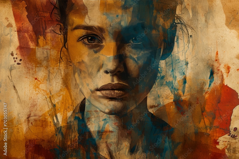 A woman is beautifully portrayed in an expressive digital painting, her centered portrait with contemporary art techniques.
