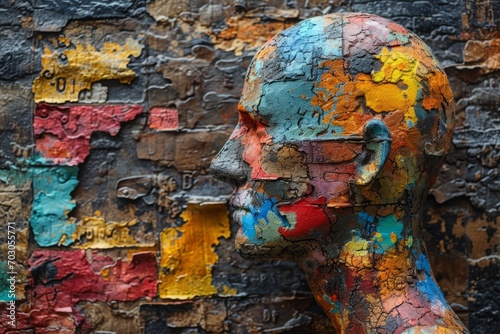A person's head, covered in a rich palette of paint, appears as a melting, colorful abstract face.