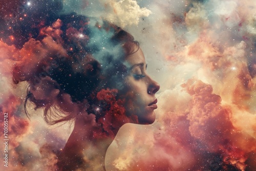 A woman with a flower in her hair appears lost in a lucid dream, her face melting into a surreal cosmic universe.