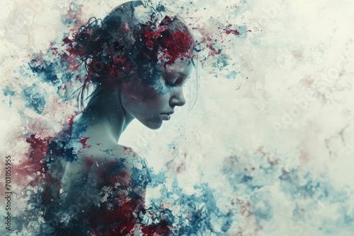 A woman, a flower in her hair, is depicted in a dreamlike digital painting, her portrait expressing surreal beauty.