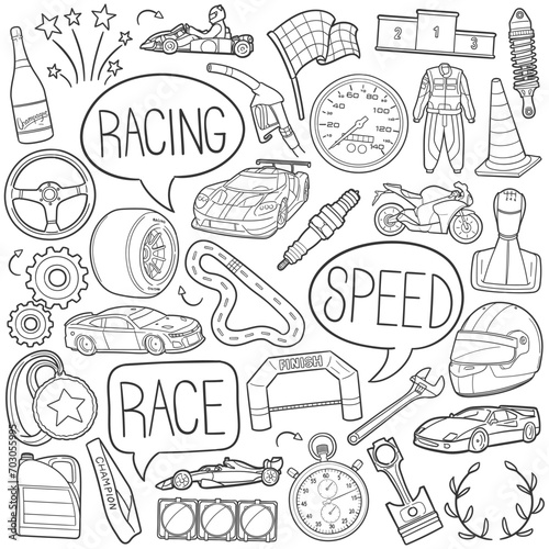 Racing Vehicles Doodle Icons Black and White Line Art. Spped Clipart Hand Drawn Symbol Design.