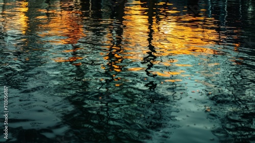 The reflection of a street light in the water creates a glowing spectacle, captured in a detailed image full of rippling reflections.