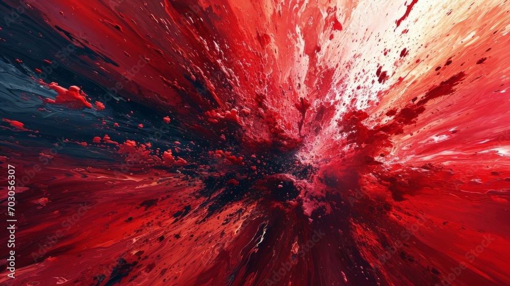 A highly detailed digital art piece features a spectacular splatter explosion in a red and black acrylic painting.