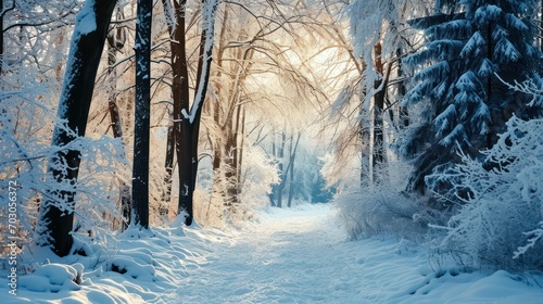 Charming winter scene of beautiful natural landscape with trees, tree branches and snow covered ground © Matthew