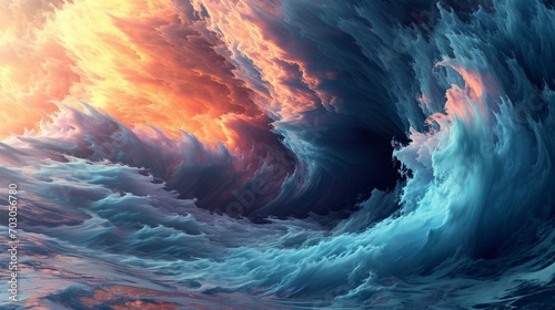 A large wave in the middle of a body of water is depicted, its turbulent form and surreal colors creating a breathtaking seascape.