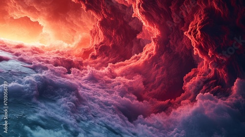 A red and blue cloud-filled sky over a body of water is depicted, its vibrant colors and epic clouds creating a surreal landscape.