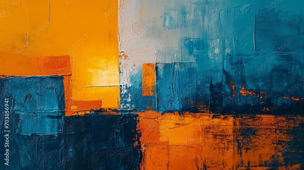A modern-style oil painting presents strong tones of orange and blue, creating a detailed abstract piece.