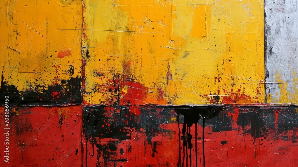 A fire hydrant sits in front of a wall painted with abstract oil on canvas in shades of yellow and red.