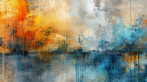 A painting depicts a sunset over a body of water, the vivid landscape in abstract art and painterly techniques. photo