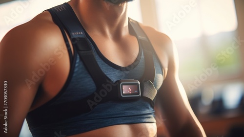 Closeup of a fitness tracker on a patients chest, monitoring their breathing and respiratory rate.