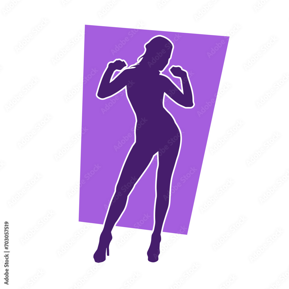 Silhouette of a young slim female model in tight outfit. Silhouette of a slim woman in feminine pose.
