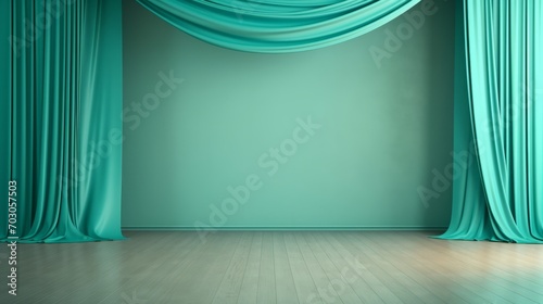 A Serene Room with a Green Curtain and a Wooden Floor