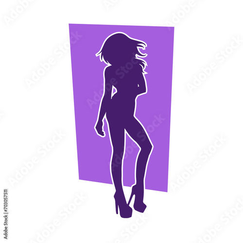 Silhouette of a young slim female model in tight outfit. Silhouette of a slim woman in feminine pose. 