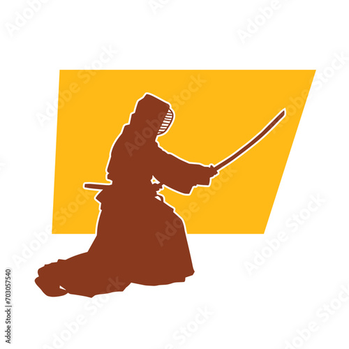 Silhouette of a sword warrior in action pose. Silhouette of a martial art person carrying sword weapon. Silhouette of kendo martial art pose.