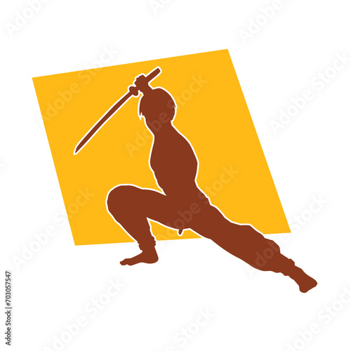 Silhouette of a kungfu or wushu martial art athlete in action pose. Silhouette of a male martial art person in pose with swords weapon.
