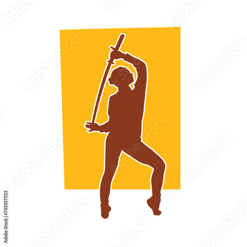 Silhouette of a female fighter in action pose carrying sword weapon.