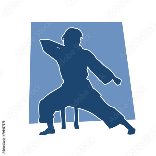 Silhouette of a slim female doing martial art pose. Silhouette of a martial art woman in action pose.