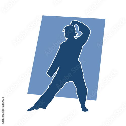 Silhouette of a slim female doing martial art pose. Silhouette of a martial art woman in action pose.