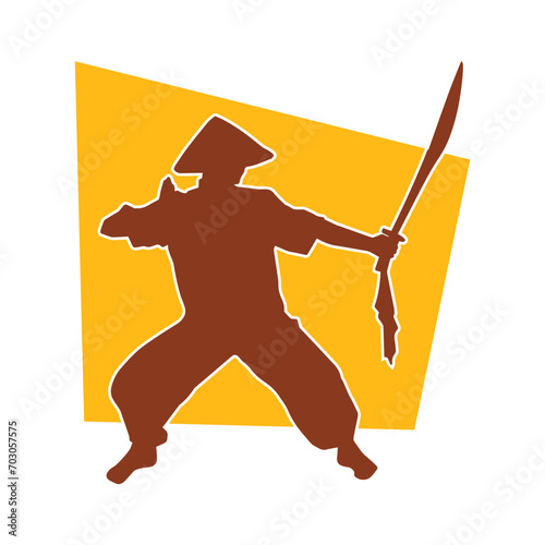 Silhouette of a sword warrior in action pose. Silhouette of a martial art person carrying sword weapon.