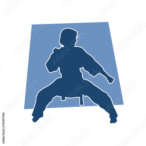 Silhouette of a slim female doing martial art pose. Silhouette of a martial art woman in action pose.
