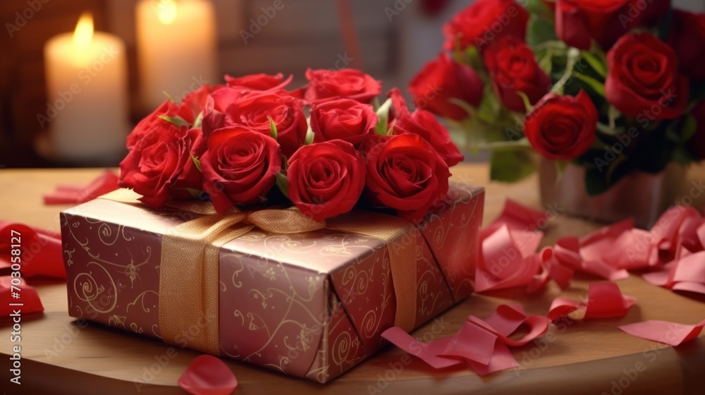 Elegant gift box surrounded by red roses and candles. Romance and celebration. Elegant gift box surrounded by red roses and candles. Romance and celebration.