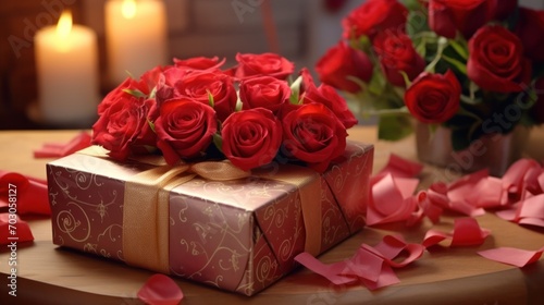 Elegant gift box surrounded by red roses and candles. Romance and celebration.