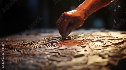 Up close view of an artists hand etching intricate patterns into a layer of wet clay, creating a textured background for a live mural.
