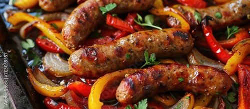 Spicy sausage with peppers and onions photo