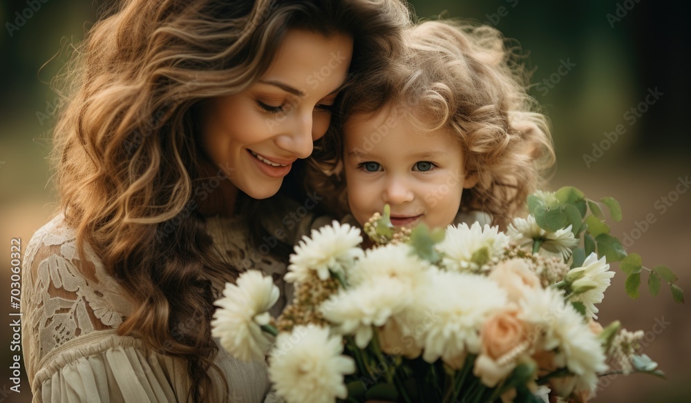In this heartwarming image, a loving mother embraces her child with warmth and tenderness, forming a beautiful bond filled with joy, security, and the purest form of maternal love.