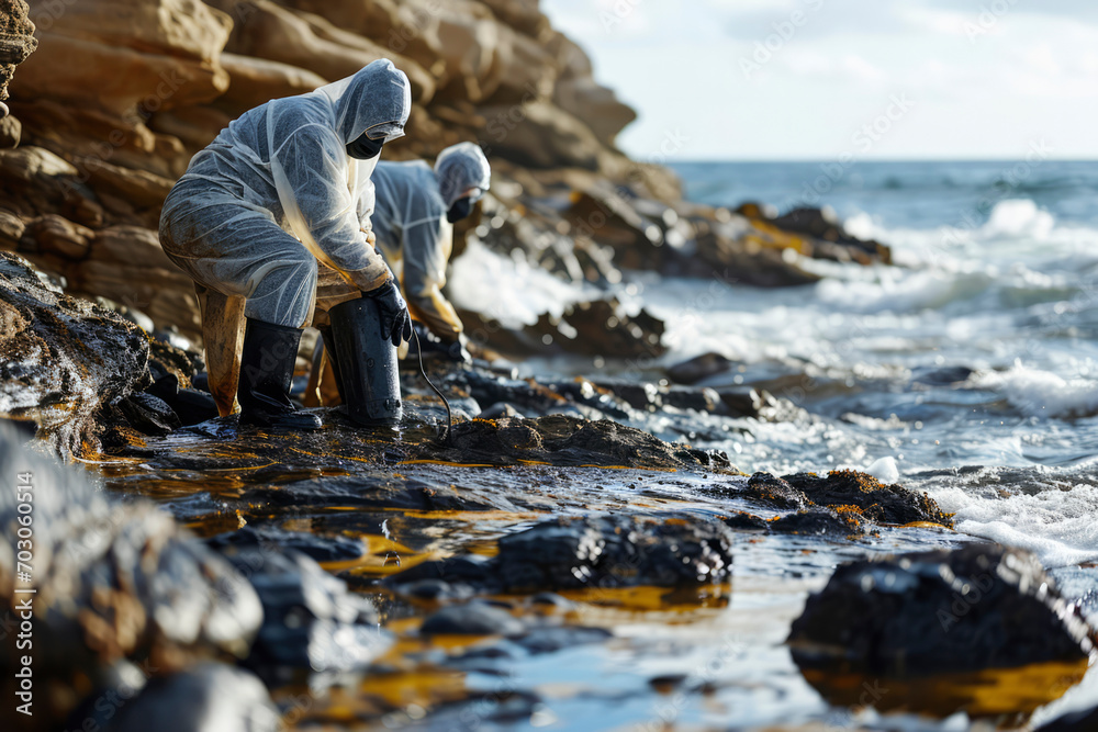 Workers in protective gear cleaning up oil spills - obrazy, fototapety, plakaty 
