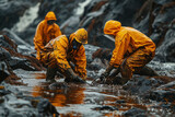 Workers in protective gear cleaning up oil spills