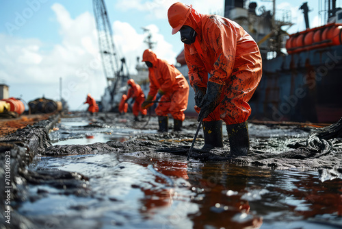 Workers in protective gear cleaning up oil spills