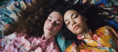 Multiethnic girlfriends lying on bed during a pajama party, bonding in colorful sleepwear.