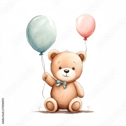 Teddy with balloons and flowers cartoon on transparent background