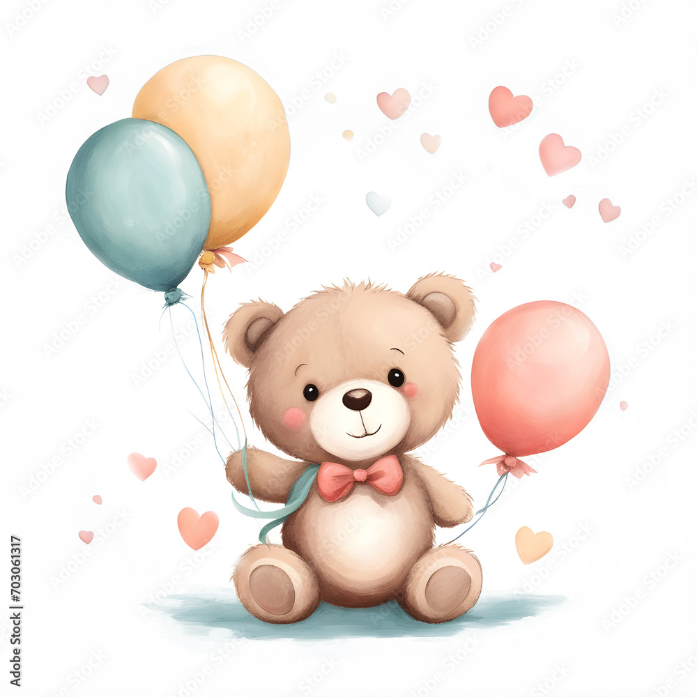 Teddy with balloons and flowers cartoon on transparent background Teddy with balloons and flowers cartoon on transparent background