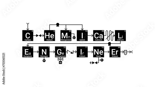 Chemical Engineer Logo with Pipping and Instrumentation Diagram Elements Around Blocks from the Periodic Table of Elements