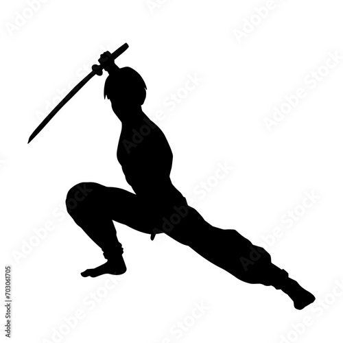 Silhouette of a kungfu or wushu martial art athlete in action pose. Silhouette of a male martial art person in pose with swords weapon.