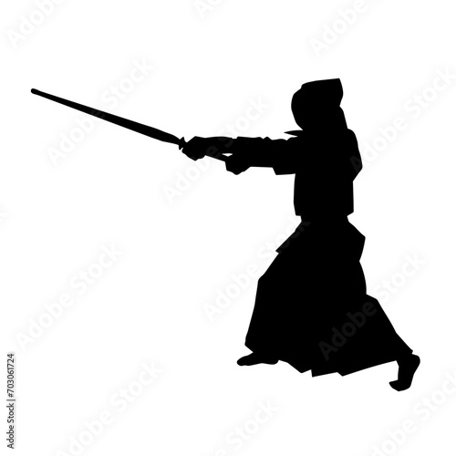 Silhouette of a sword warrior in action pose. Silhouette of a martial art person carrying sword weapon. Silhouette of kendo martial art pose.