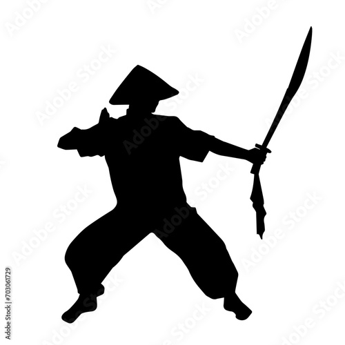 Silhouette of a sword warrior in action pose. Silhouette of a martial art person carrying sword weapon.